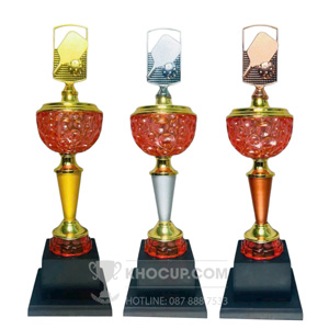 Cúp Pickleball pha lê màu đỏ, đỉnh và thân kim loại - PIC-1417