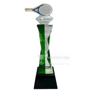 Cúp Pickleball pha lê, thân màu xanh gắn vợt pickleball - PIC-1135 