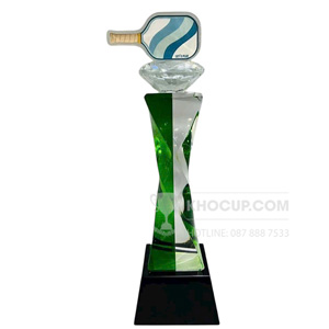 Cúp Pickleball pha lê, thân màu xanh gắn vợt pickleball - PIC-1136